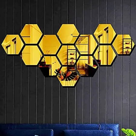 3D Hexagon Mirror Stickers (Golden 12 pcs)