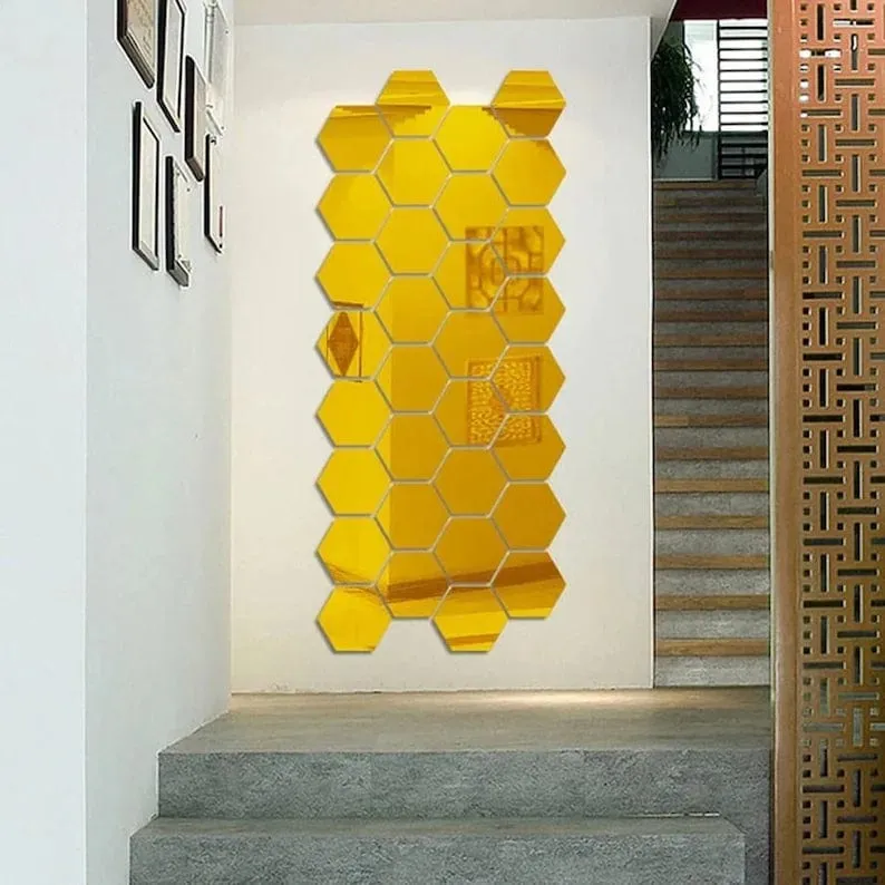 3D Hexagon Mirror Stickers (Golden 12 pcs)