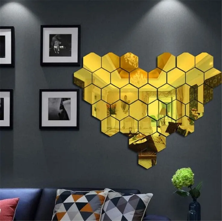 3D Hexagon Mirror Stickers (Golden 12 pcs)