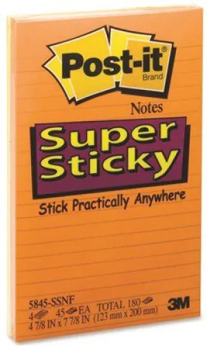 3M Super Sticky Notes 5 X 8 Lined Assorted Neons 4 45-Sheet Pads/Pack