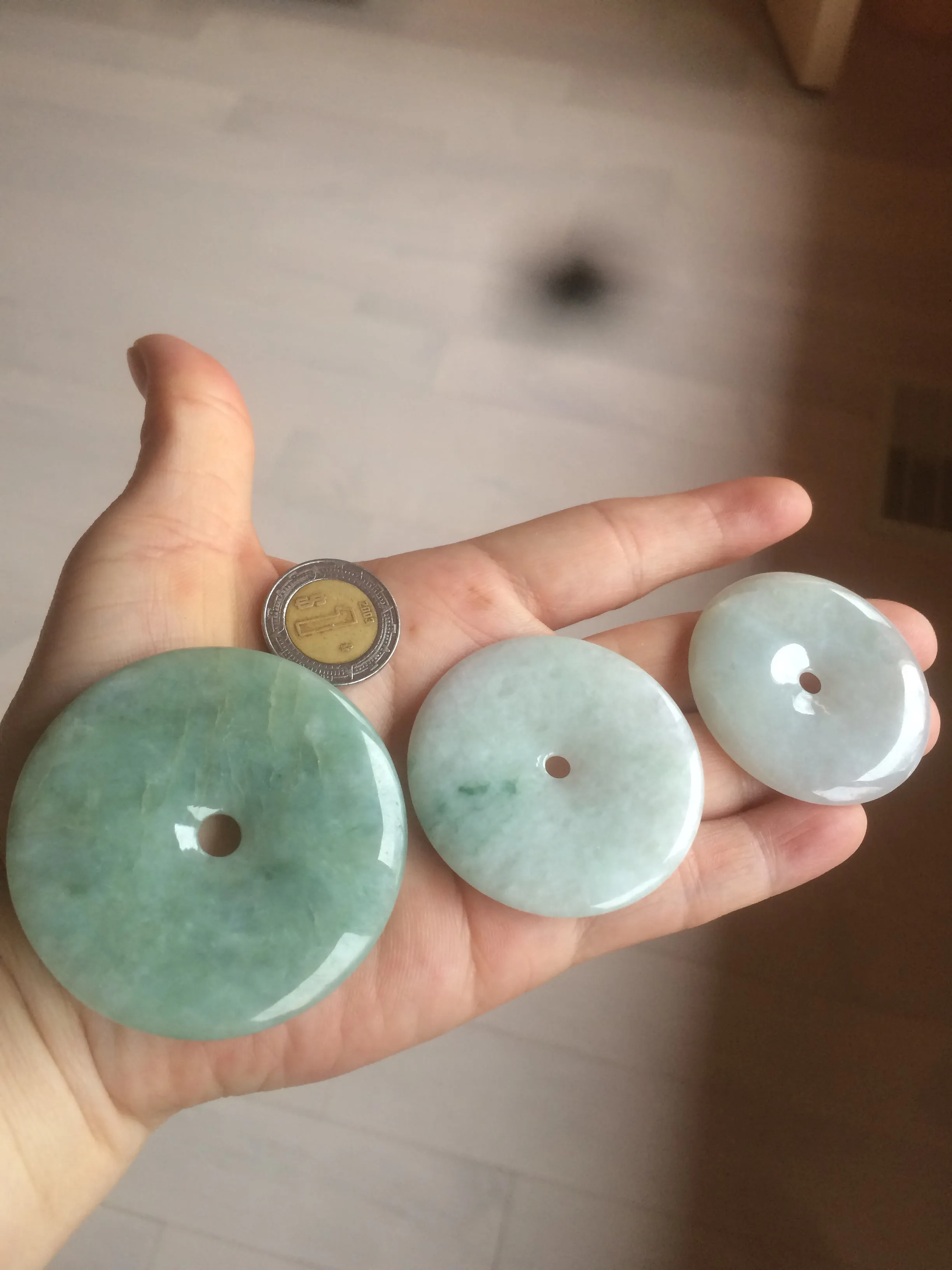 40.5-51mm Type A 100% Natural light green Jadeite Jade Safety Guardian Button donut Pendant/worry stone/car hanger group L103 (add on item)