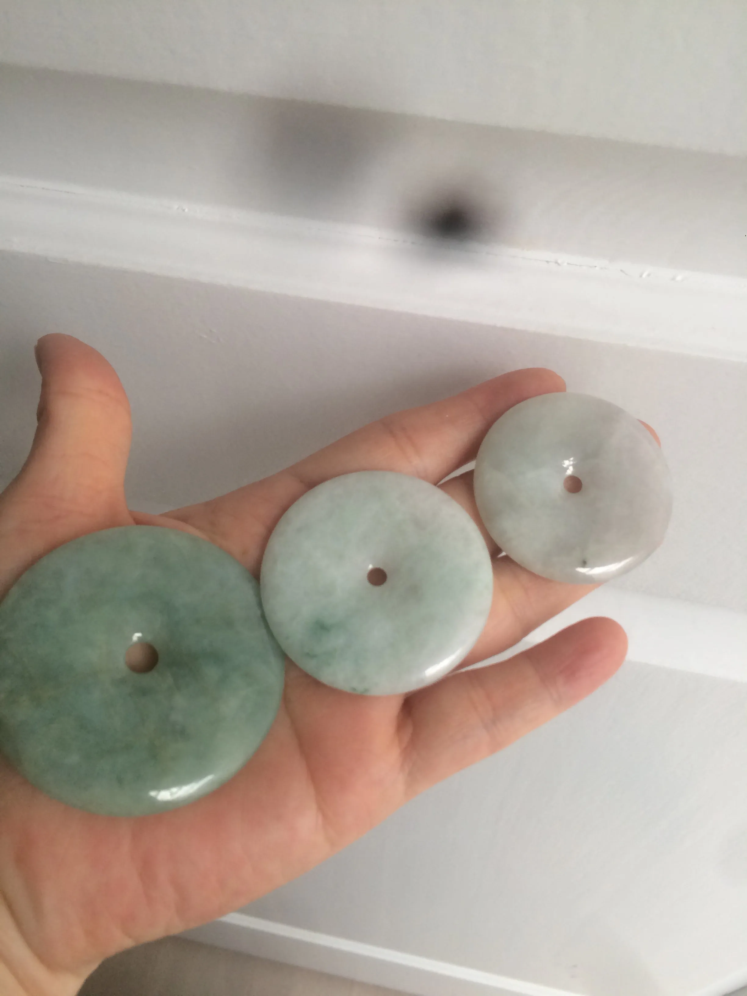 40.5-51mm Type A 100% Natural light green Jadeite Jade Safety Guardian Button donut Pendant/worry stone/car hanger group L103 (add on item)