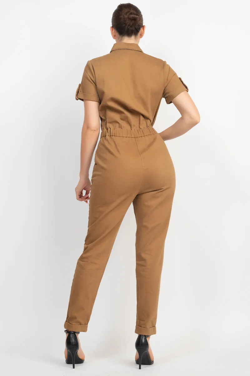 COLLARED BUTTON-FRONT JUMPSUIT