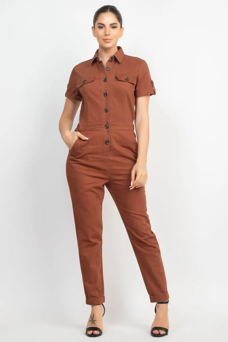 COLLARED BUTTON-FRONT JUMPSUIT