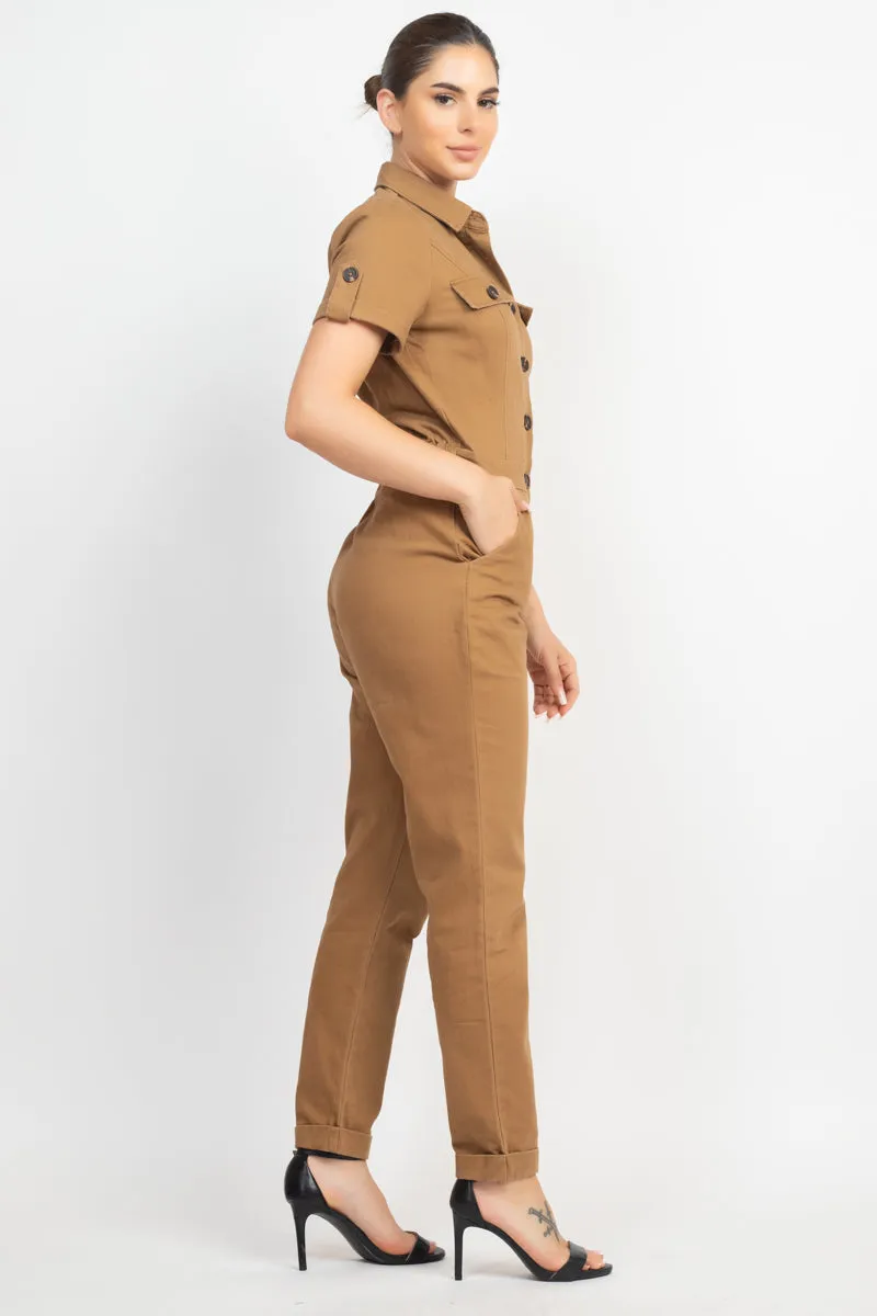 COLLARED BUTTON-FRONT JUMPSUIT