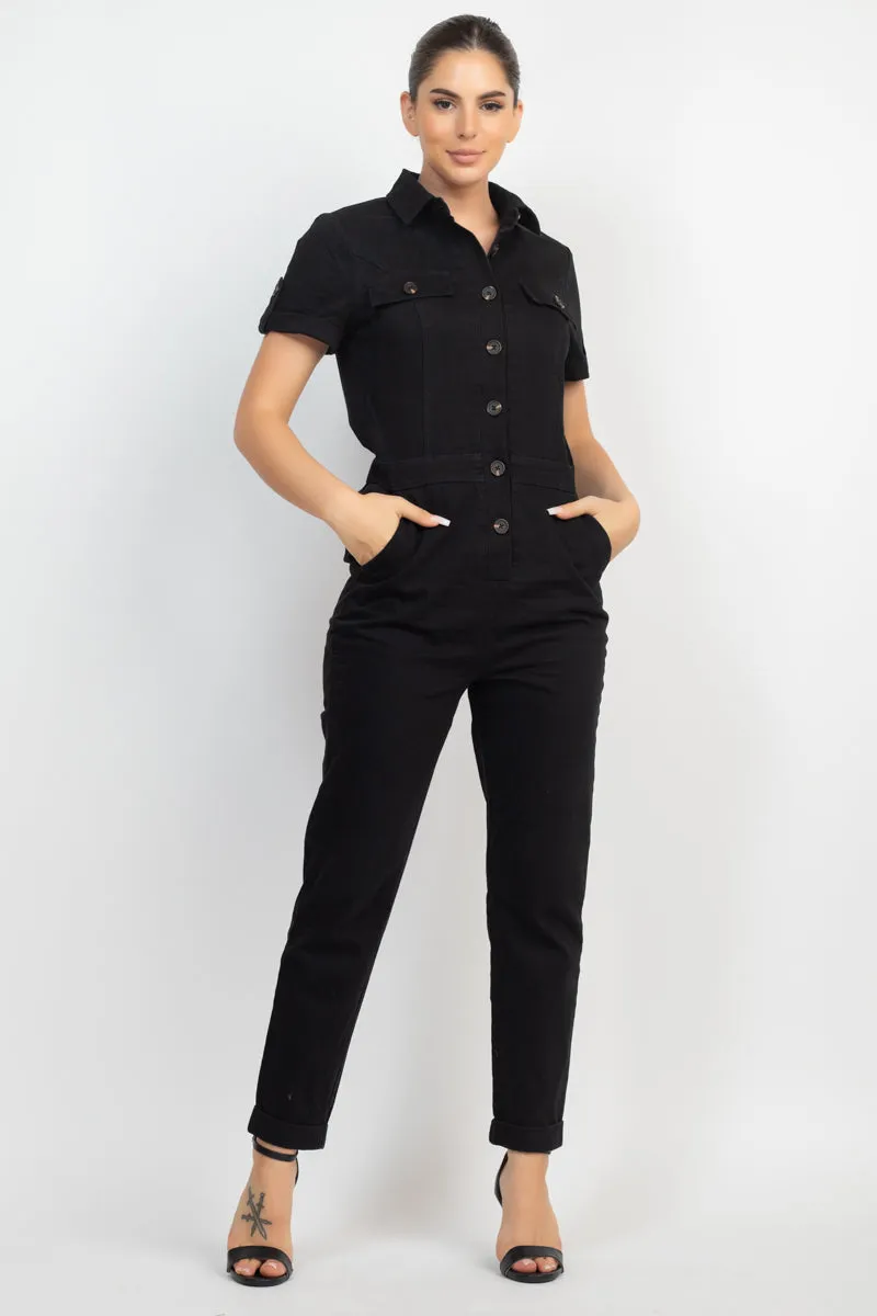 COLLARED BUTTON-FRONT JUMPSUIT