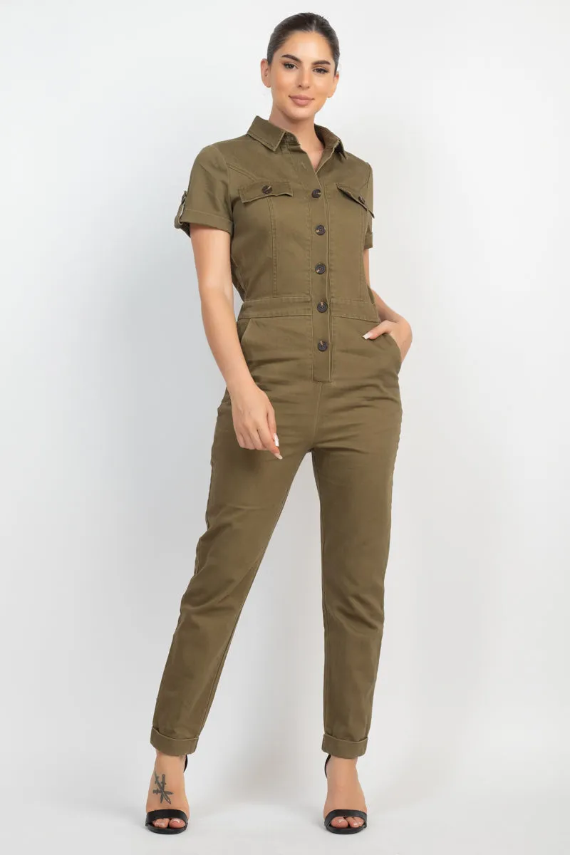 COLLARED BUTTON-FRONT JUMPSUIT