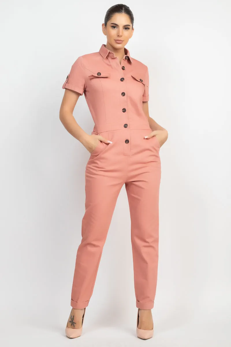 COLLARED BUTTON-FRONT JUMPSUIT