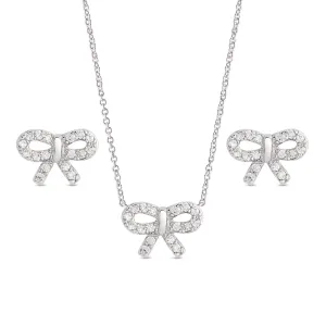 CZ Bow Pendant and Stud Earrings Set in Sterling Silver