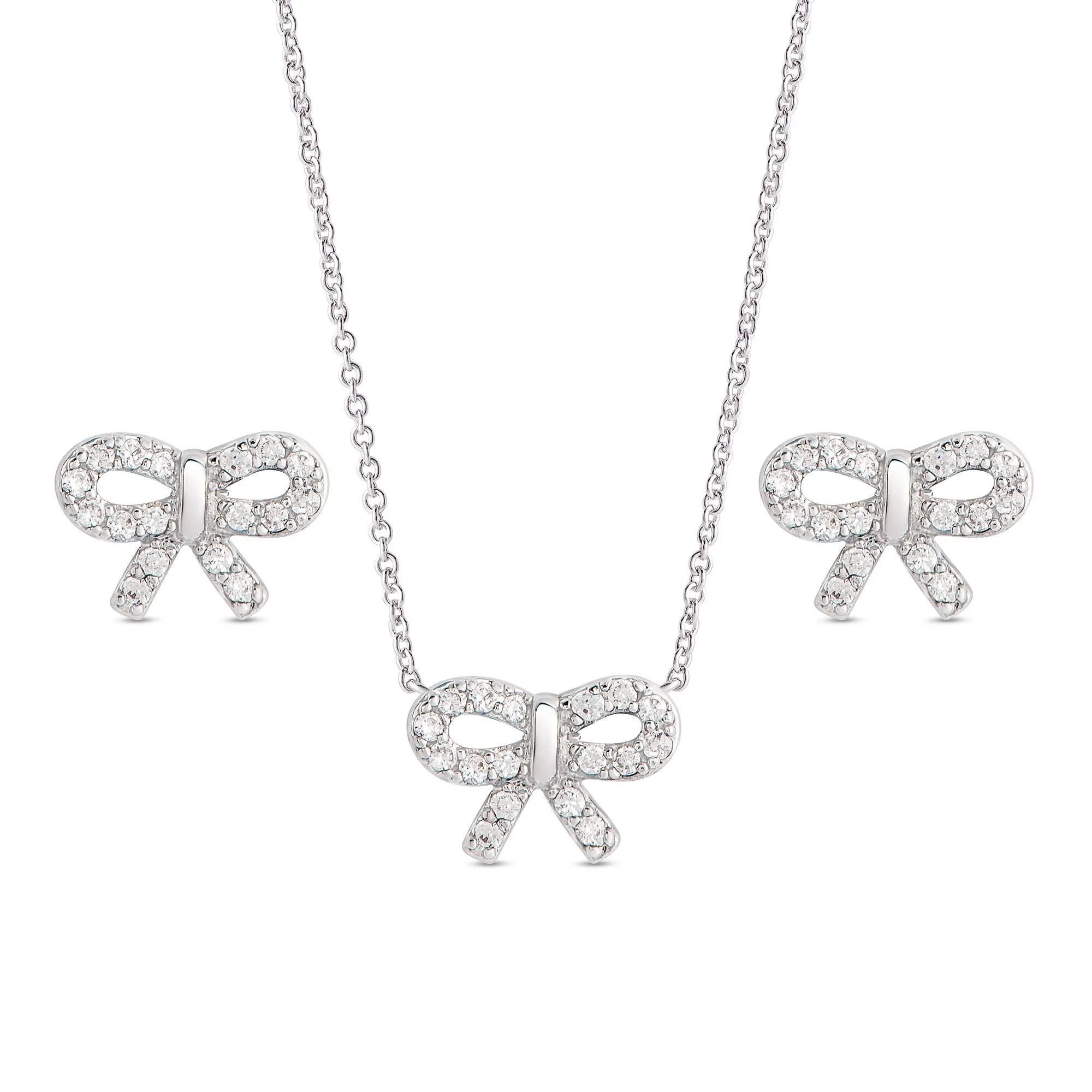 CZ Bow Pendant and Stud Earrings Set in Sterling Silver