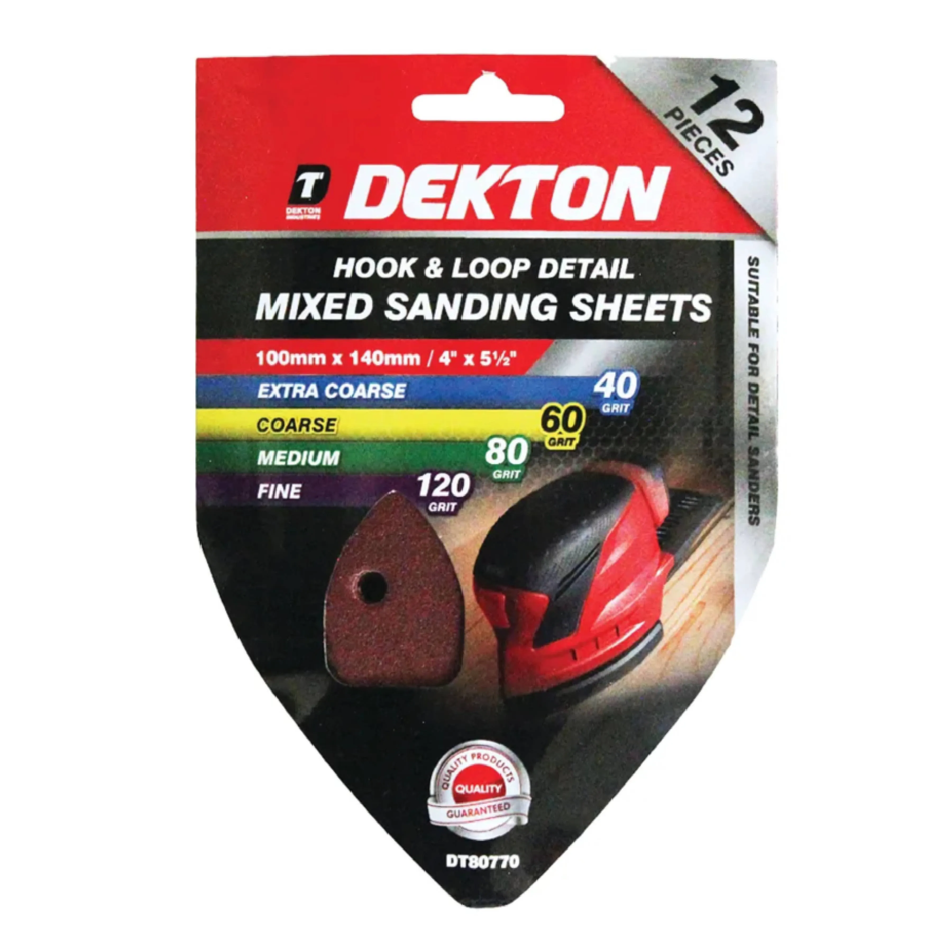 DEKTON 12PC Hook and Loop Detail Mixed Sanding Sheets 100mm x 140mm – Assorted Grit