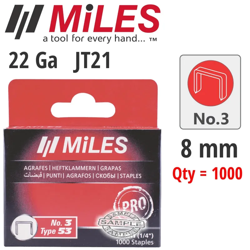 MILES GALV STAPLES 22G JT21 8MM X 1000PCS MILES NO3 MILSTAP3-8